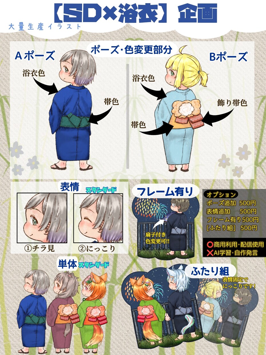ＳＤ大量生産イラスト企画を描きます 【ＳＤ×浴衣】夏らしく涼しい企画ですね！フレーム有り花火付き イメージ2
