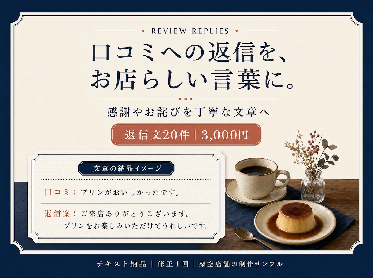 お店の口コミへの返信文を20件作ります 感謝やお詫びをお店らしい丁寧な言葉に整えます イメージ1