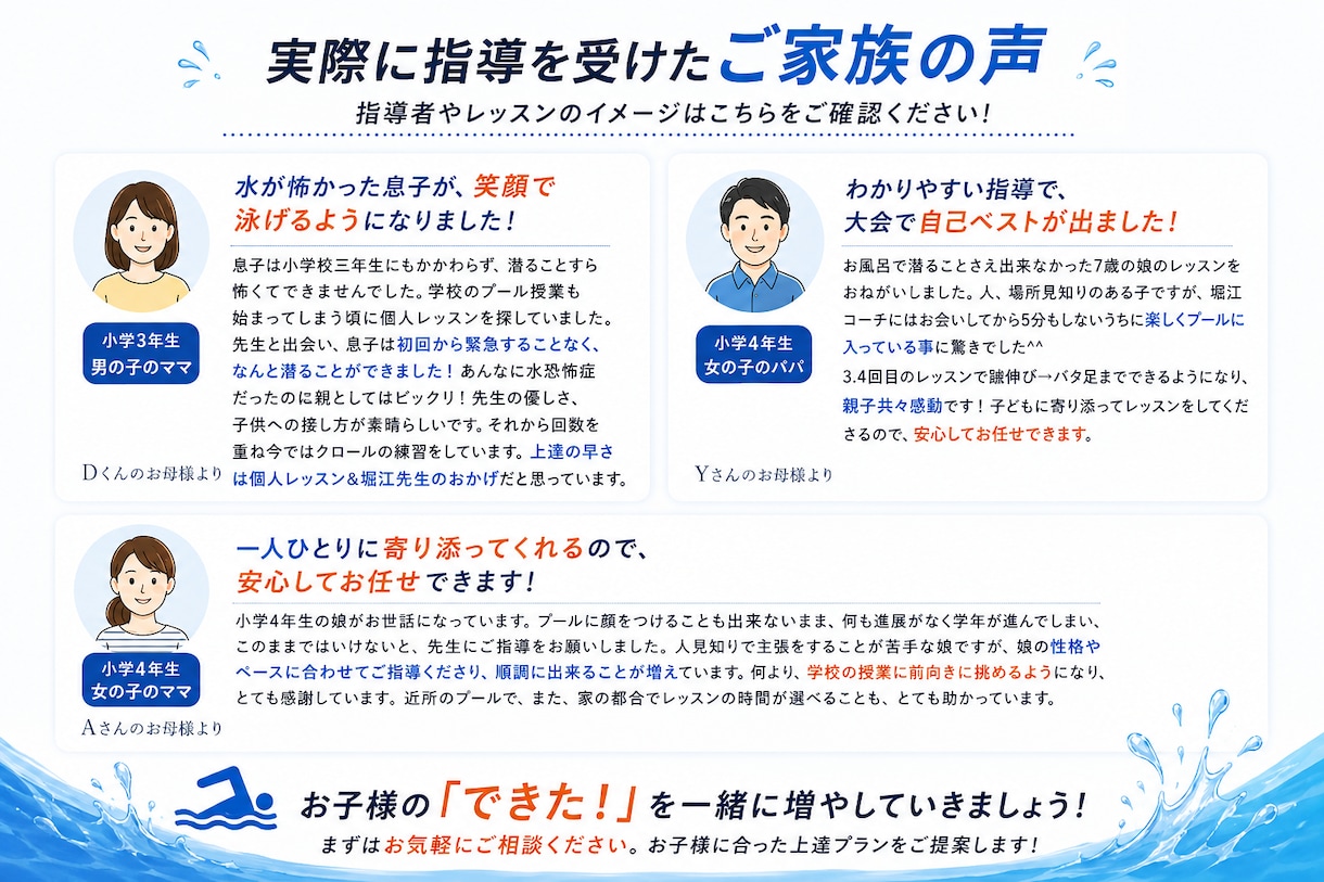 お子様の泳ぎを最短で上達させます 300名以上を指導。お子様に合わせた上達法をご提案します。 イメージ4