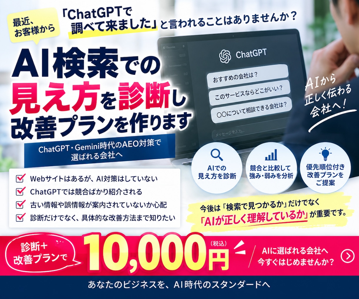 AI検索での御社の見え方を診断改善プランを作ります ChatGPT時代のAEO対策を診断から改善計画まで支援 イメージ1