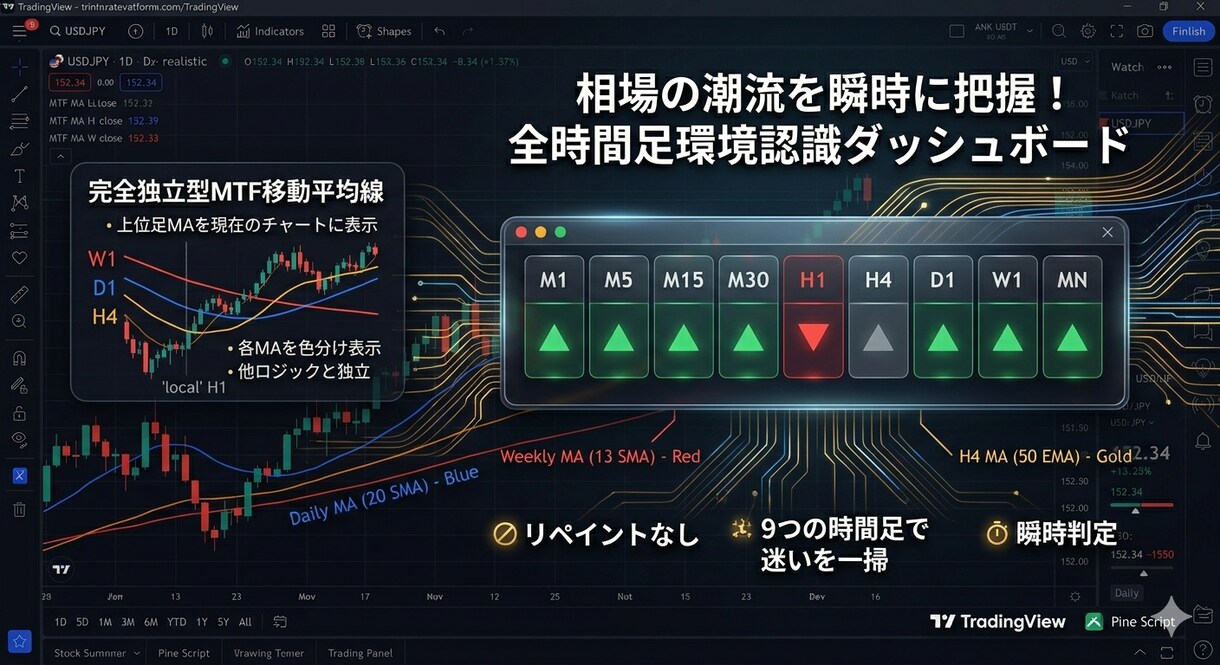 上位足１２本の移動平均線を表示します 上位足の方向感を一目で把握、ダッシュボードで、一覧表示 イメージ1