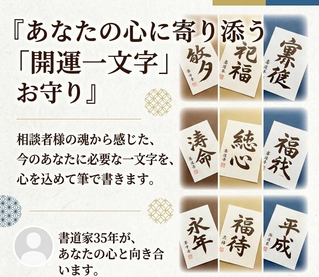 心に寄り添う開運の一文字を筆で書き下ろします 「開運の一文字」をお守りとしてお使いください。 イメージ1