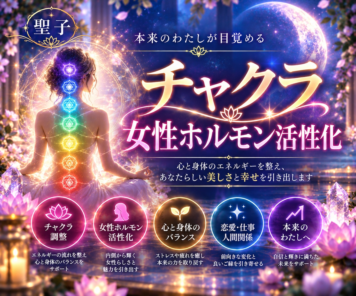 チャクラ調整で女性ホルモンを活性化します 霊視とヒーリングで恋も肌も輝く、内側からのフェロモン革命。 イメージ1