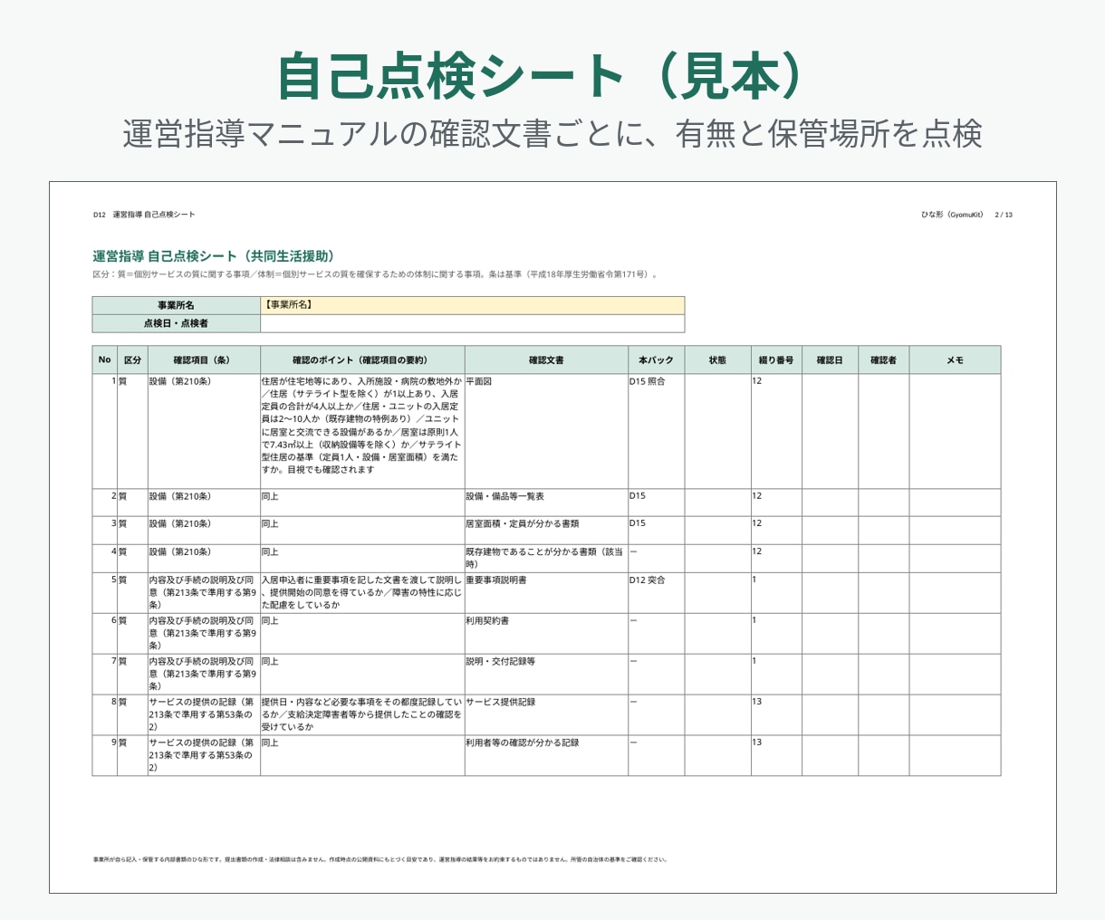 障害者GHの運営指導に備える書類ひな形を渡します 指針・委員会・BCP・費用の確認表・自己点検シート イメージ3