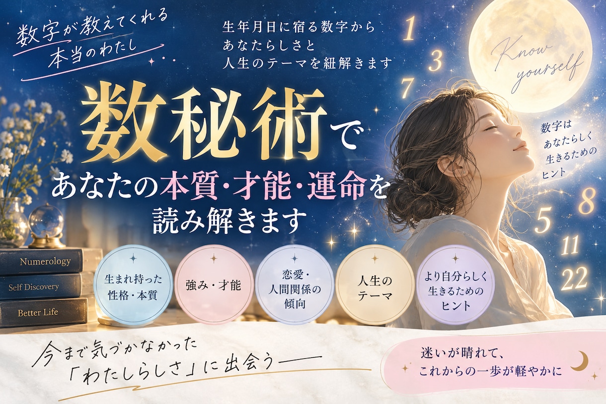 数秘術であなたの本質・才能・運命を読み解きます 生年月日の数字から、あなたらしさと人生のテーマを紐解きます イメージ1