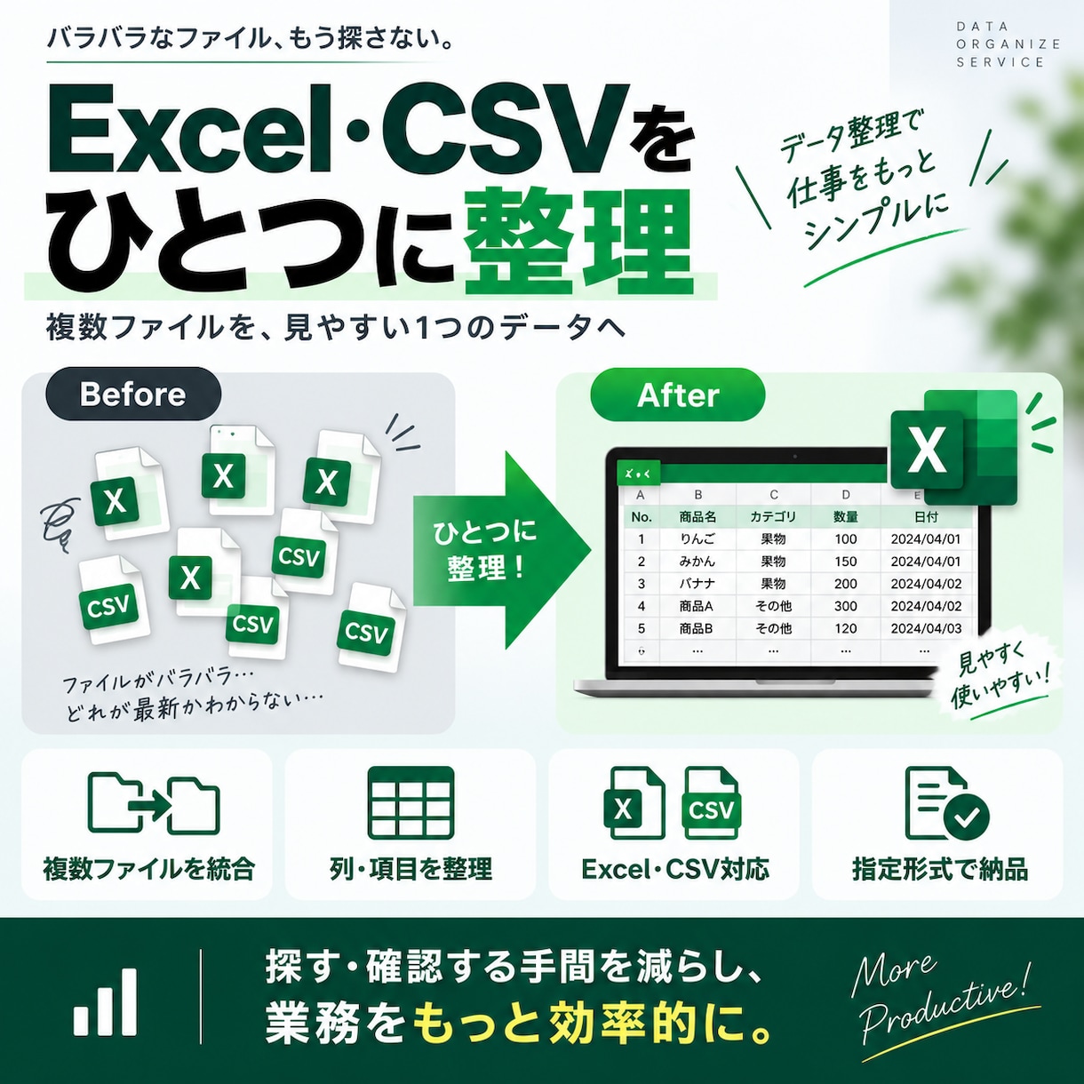 複数のExcel・CSVを1つにまとめます バラバラなデータを1つの一覧にまとめます イメージ1