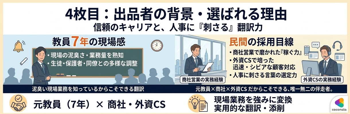 教員経験を民間企業で評価される職務経歴を添削します 教員経験を民間企業で評価される「強み」に翻訳します。 イメージ4