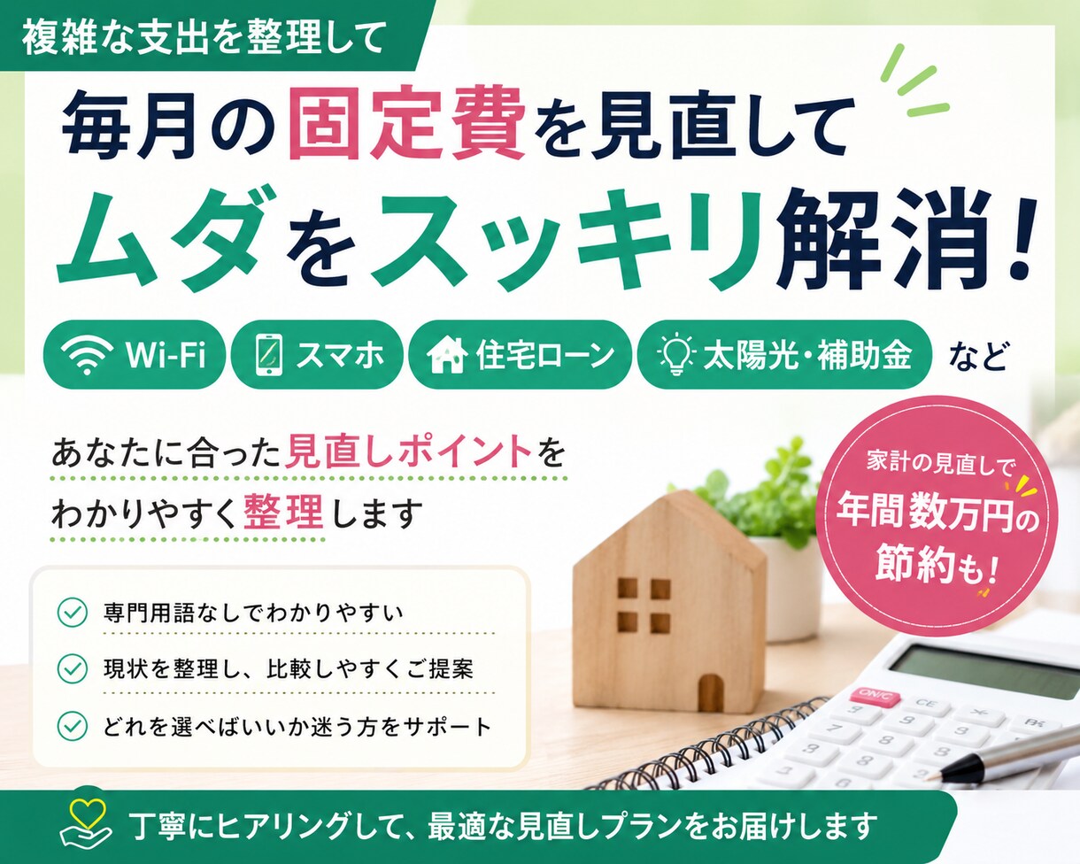 固定費・生活費の見直し　整理してムダを解消します 複雑な支出を整理して、どこを見直せばいいか一緒にスッキリ。 イメージ1