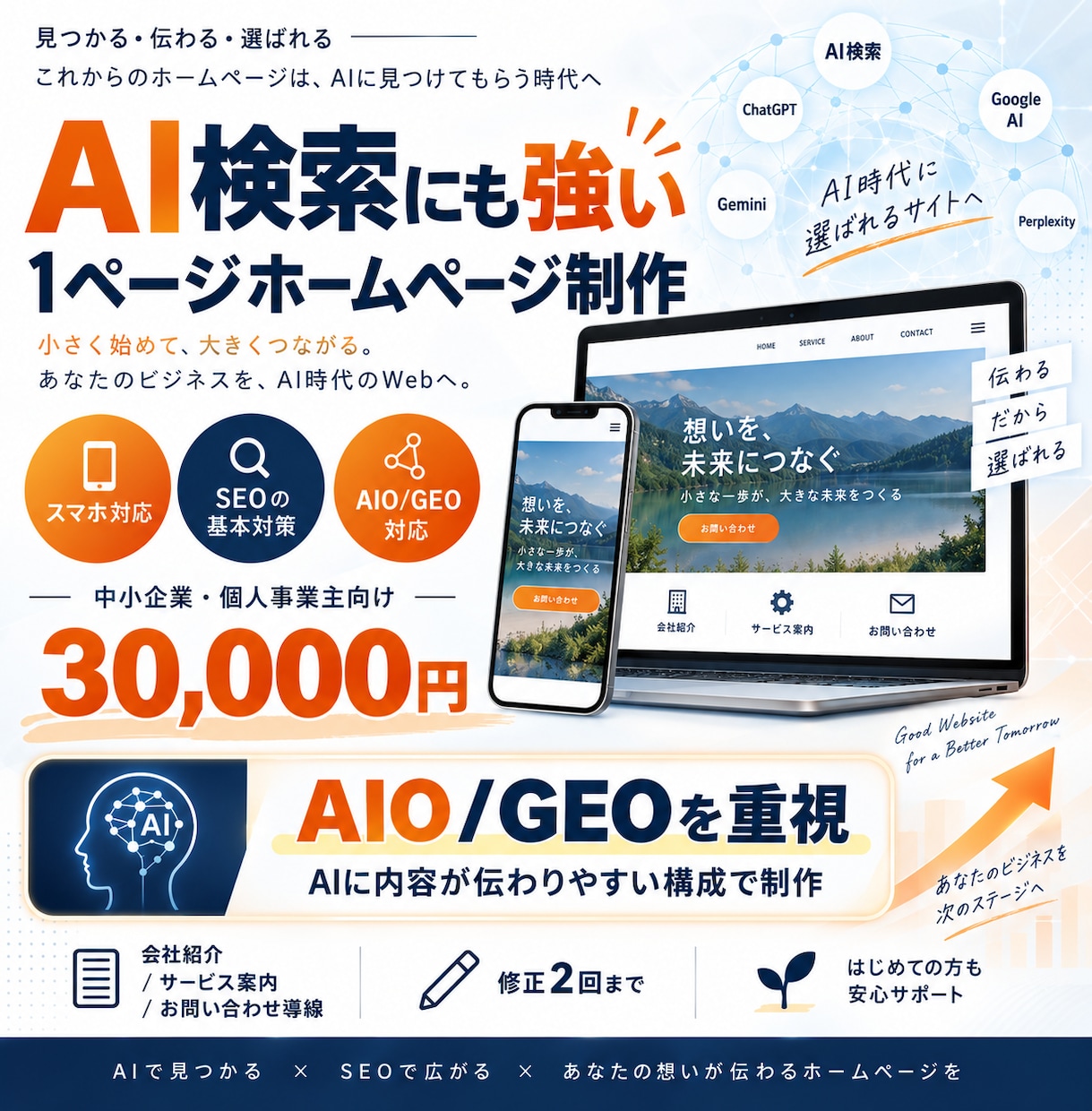 AI検索にも強い1ページHPを制作します 3万円でスマホ対応・AIO/GEO対策まで標準対応 イメージ1