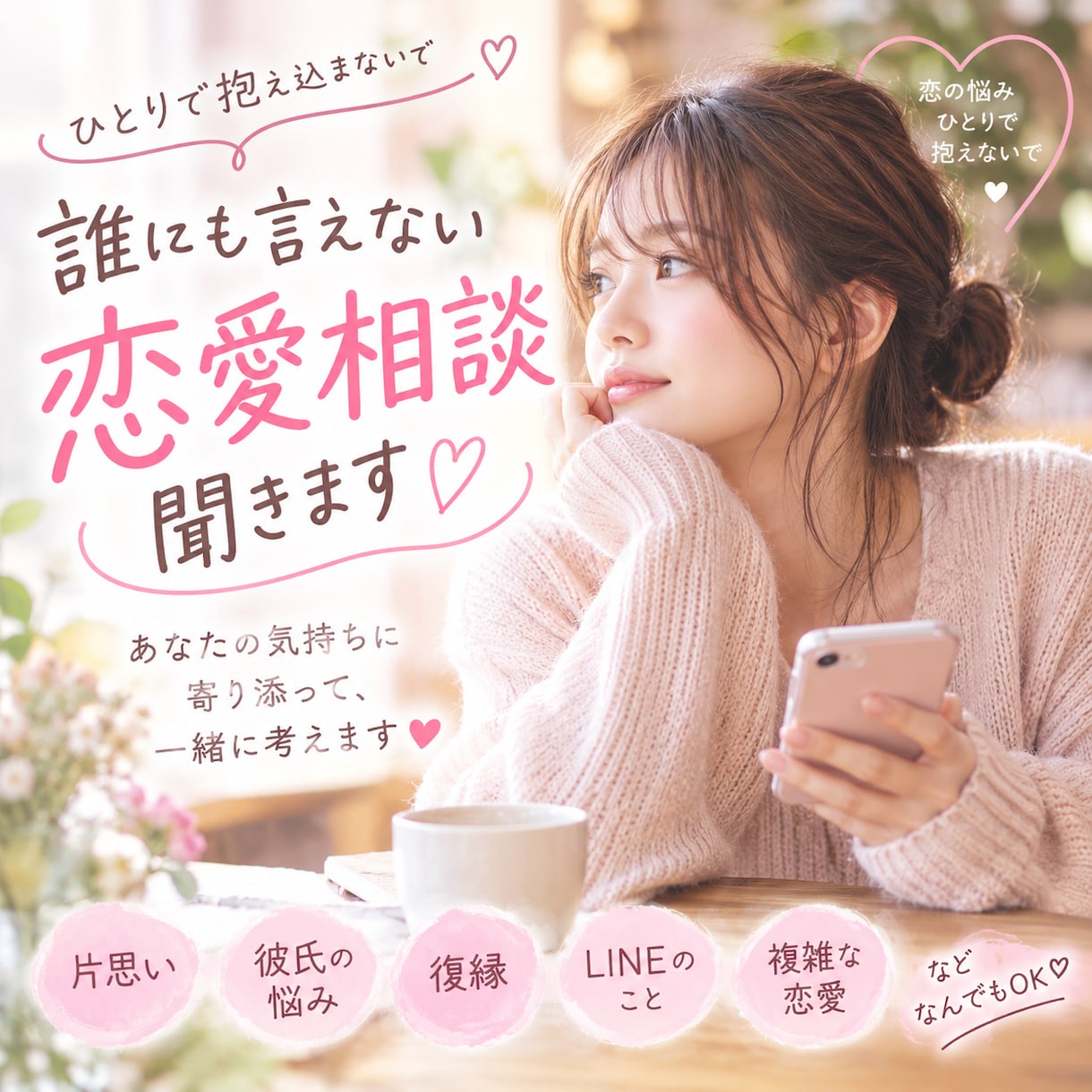 誰にも言えない恋愛相談聞きます 恋愛のモヤモヤ、一人で抱え込まないで♡ イメージ1