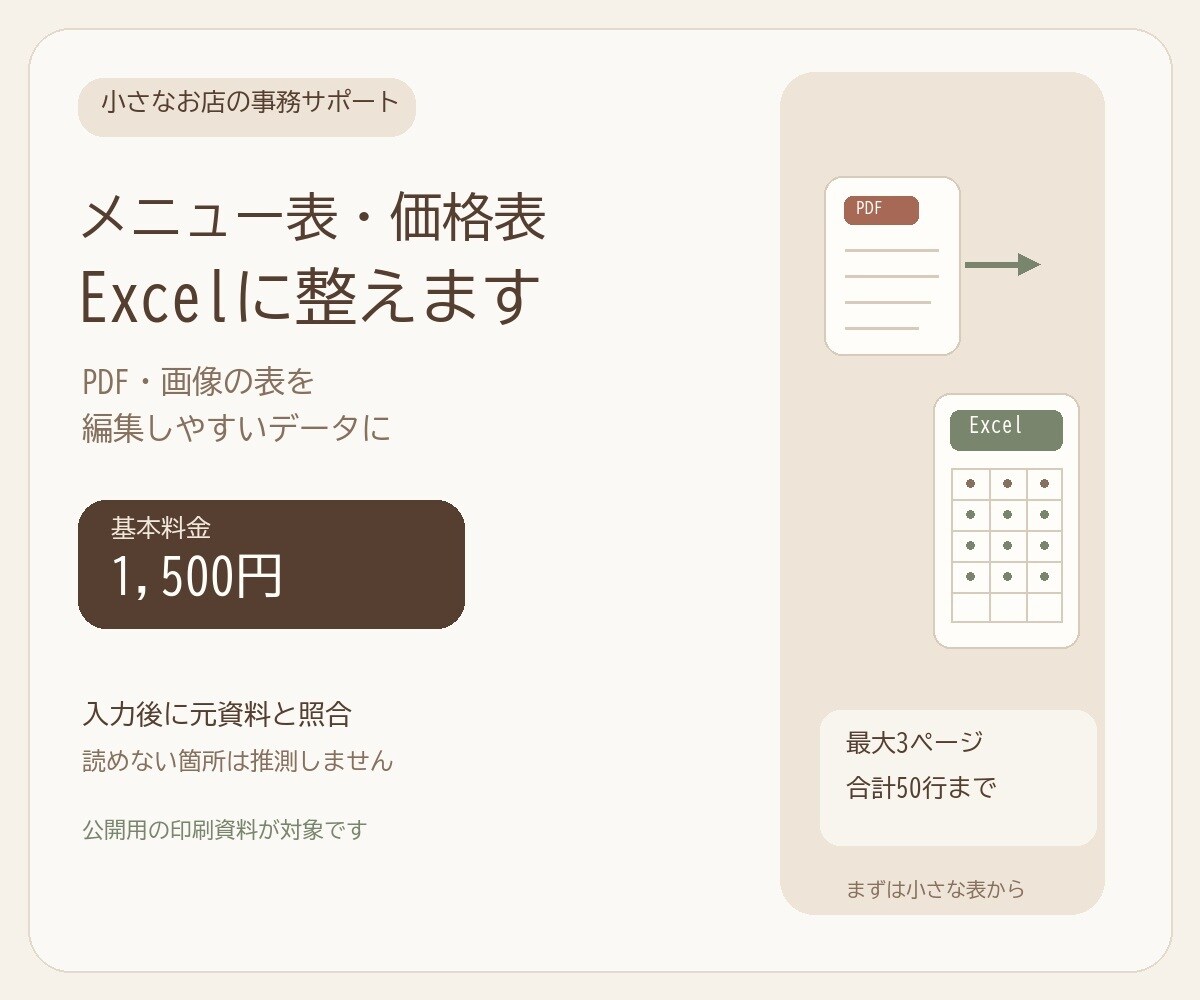 メニュー表をExcelに整えます AI補助と目視確認で丁寧に表へ整理 イメージ1