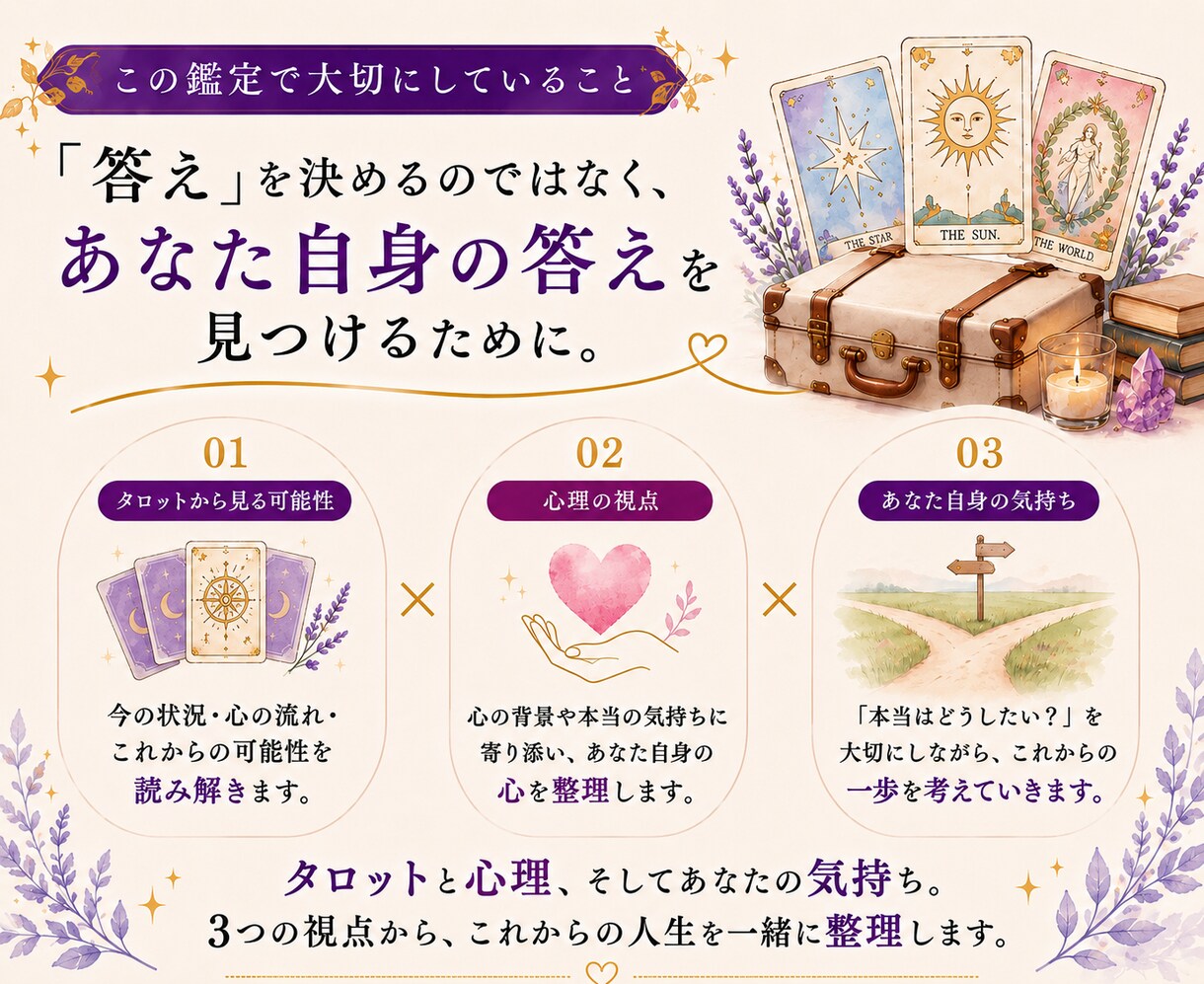 心理資格あり｜人生の転機や今後の方向性を占います タロット×心理で、転職・人間関係・生き方の方向性を整理します イメージ3