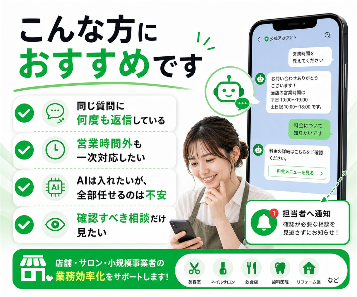 LINE問い合わせをAIが一次対応します 定型質問はAI、必要な相談は担当者へ通知 イメージ3
