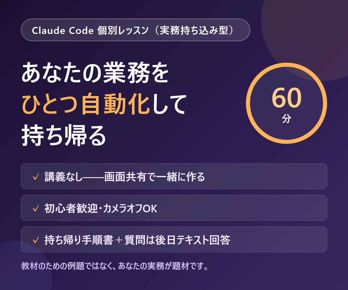 あなたの実務で学ぶClaude Code教えます 60分で、あなたの業務をひとつ自動化して持ち帰れます イメージ1