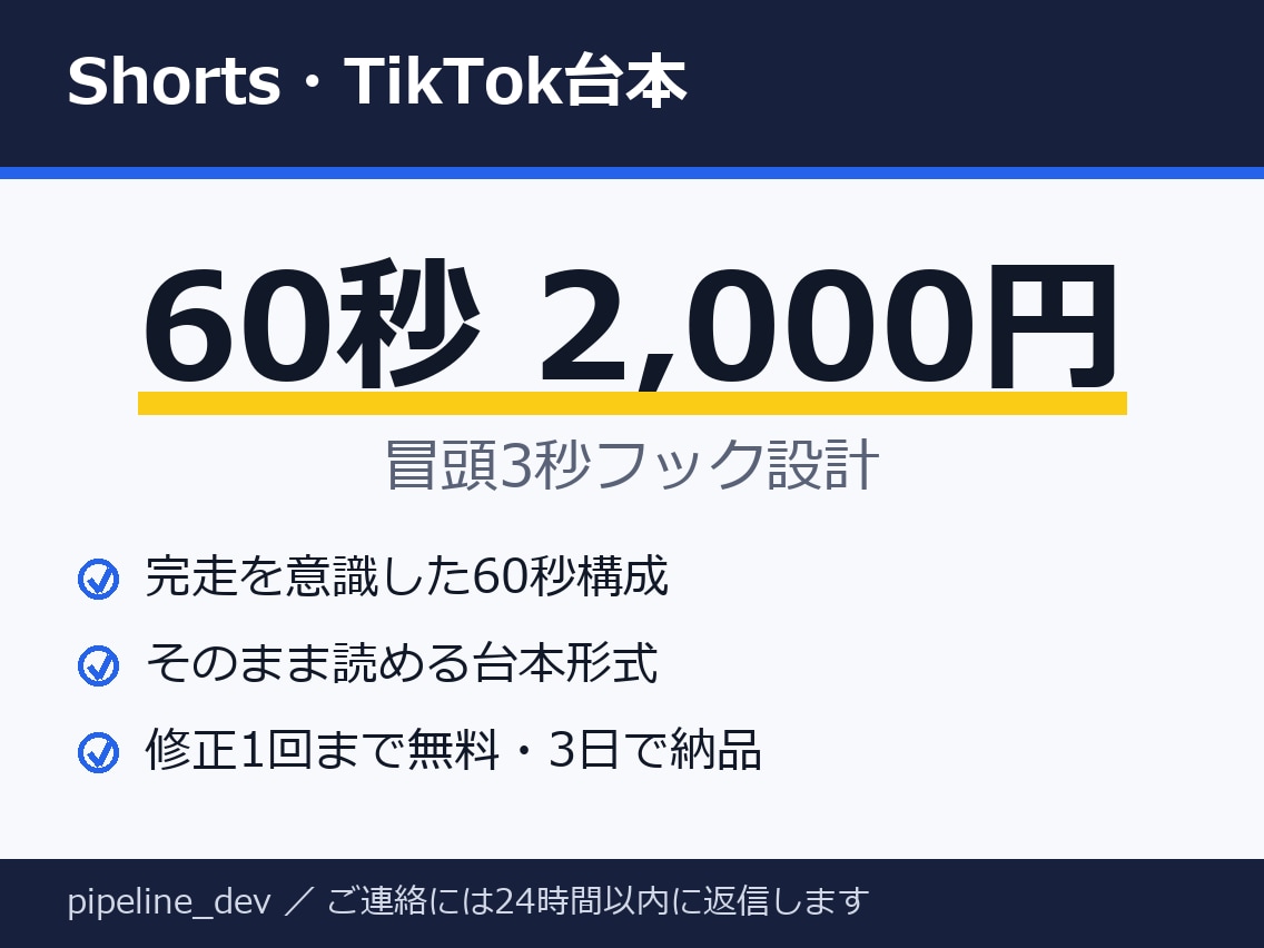 Shorts動画の台本60秒を作ります 1本2,000円・冒頭3秒のつかみ設計・修正1回無料 イメージ1