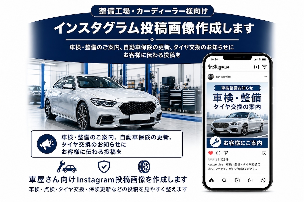 車屋さん向けInstagram投稿画像を作成します 車検・点検・タイヤ交換・保険更新などの投稿を見やすく整えます イメージ1