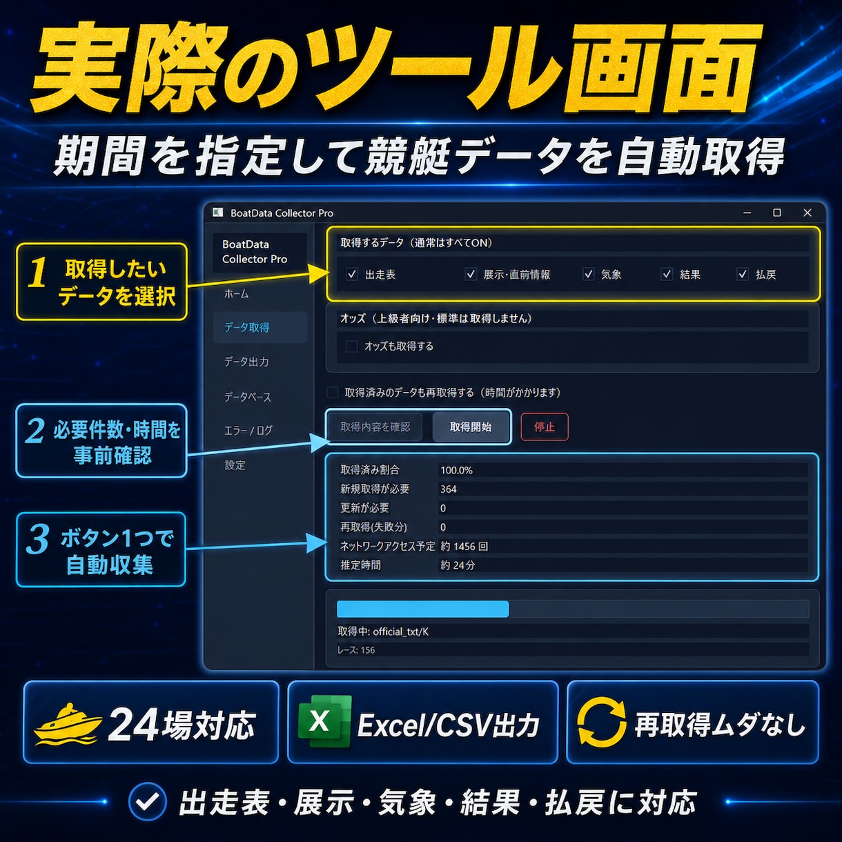 競艇の過去データを収集しExcel出力します 出走表・展示・結果・払戻までまとめてデータ化 イメージ2
