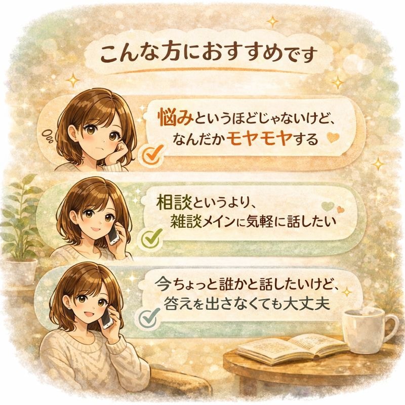 悩みほどじゃないお話、気軽に聞きます 相談でも相談じゃなくてもOK、気軽に話せる雑談通話です。 イメージ2
