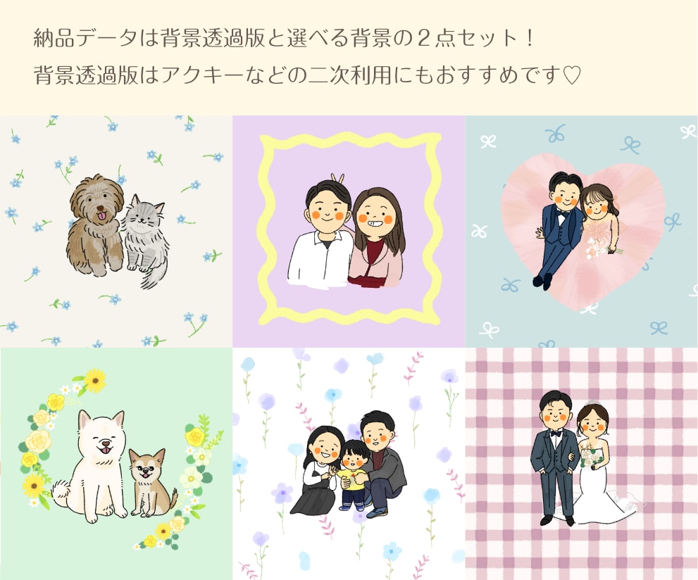 選べる背景付き！ゆるっとやさしい似顔絵お描きします 背景透過版と選べる背景の２点セット◎ イメージ3