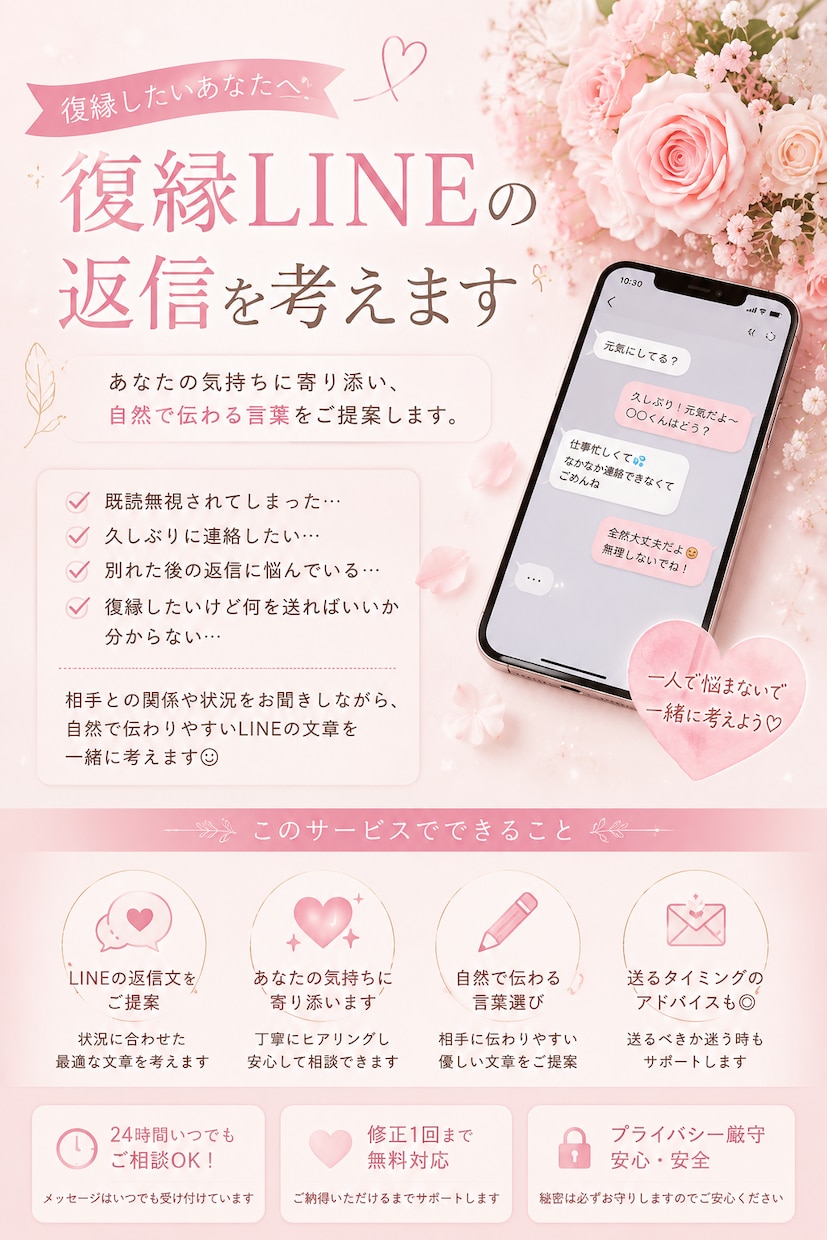 復縁LINEの返信を考えます 復縁したい気持ちに寄り添い、自然な返信をご提案します イメージ1