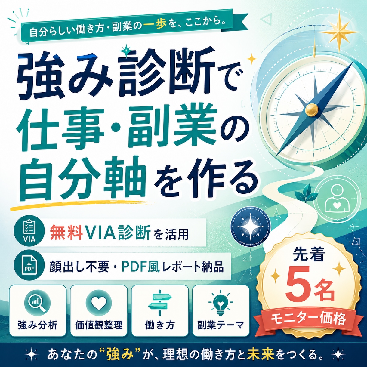 VIA強み診断の結果を仕事・副業の自分軸に整えます 強み・価値観・満たされる働き方をPDF風レポートで整理します イメージ1
