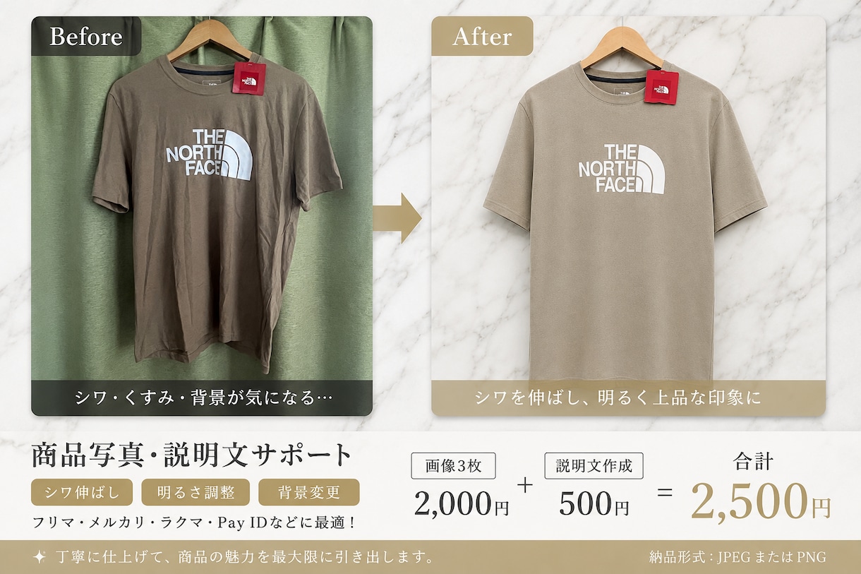 フリマ／ＥＣサイトなど画像加工＋説明文章作成します フリマ／ＥＣサイト／メルカリなど画像加工【３枚＋説明文作成】 イメージ1