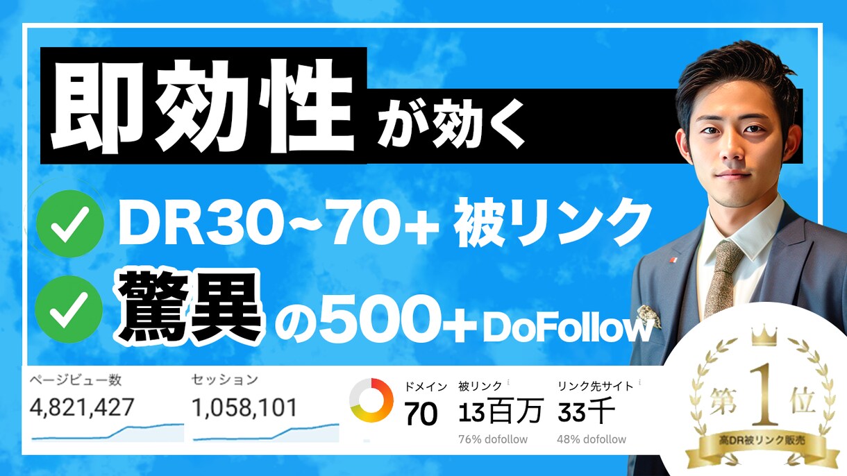 被リンク（DR30〜70）を500〜本、作成します 即効性のある被リンク、バックリンクを送ります。 イメージ1