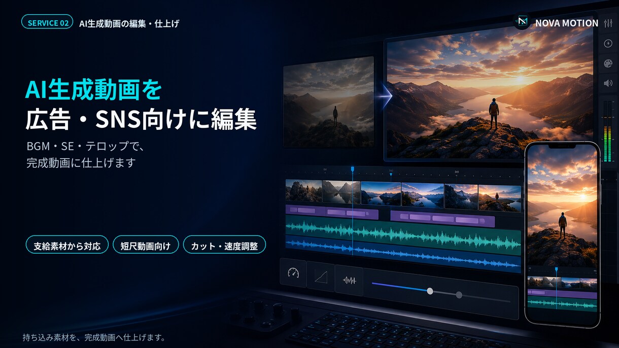 AI生成動画を広告・SNS向けに編集します BGM・SE・テロップを加えて完成動画に仕上げます イメージ1