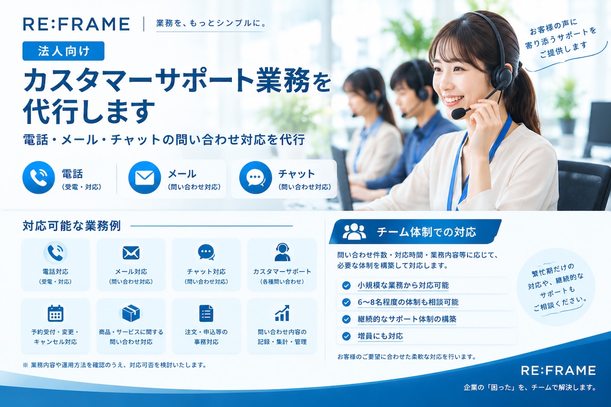 法人向け｜カスタマーサポート業務を代行します 電話・メール・チャットの問い合わせ対応を代行 イメージ1