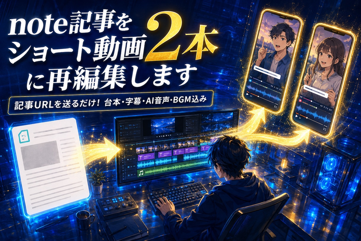 note記事をショート動画2本に再編集します 記事URLを送るだけ！台本・字幕・AI音声・BGM込み イメージ1