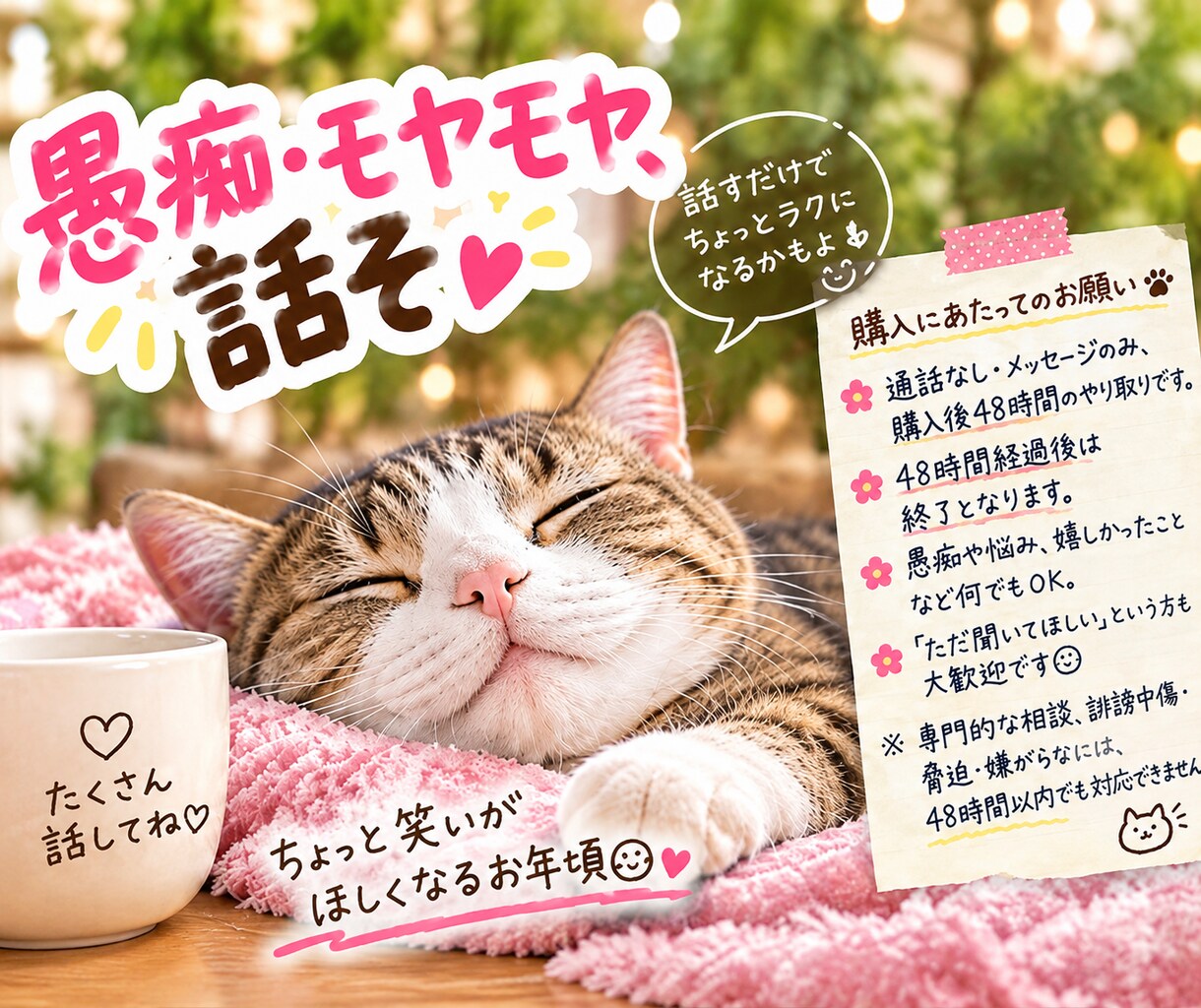 誰かに話したい気持ち、ゆっくり聞きます 話すのが苦手な方も、文章で発散してください イメージ1