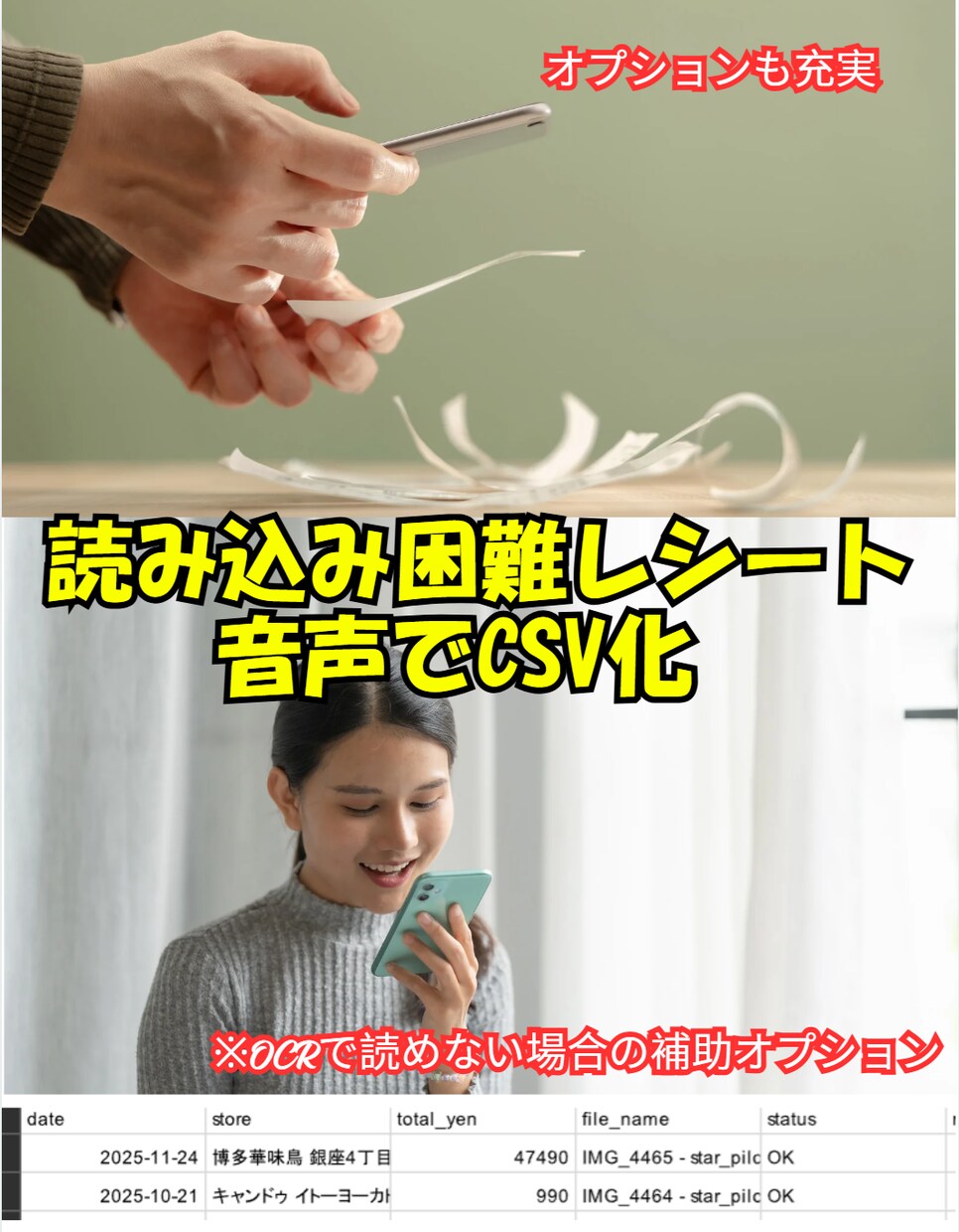 レシート100枚をOCR処理してCSV化します 画像を送るだけ、手作業なしでデータ納品 イメージ3