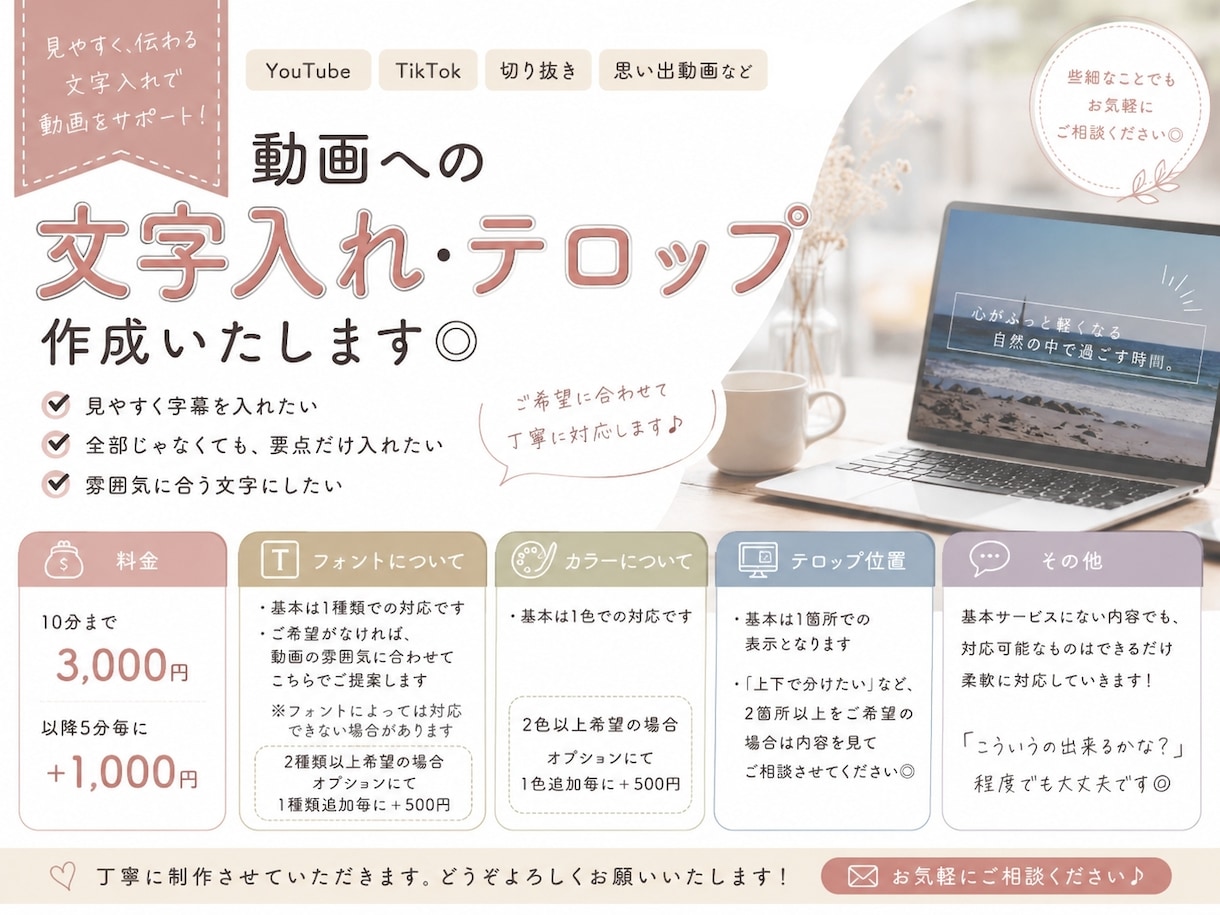 動画のテロップ入れの代行を3,000円で承ります 動画のテロップ(字幕)入れ代行を承ります◎ イメージ1
