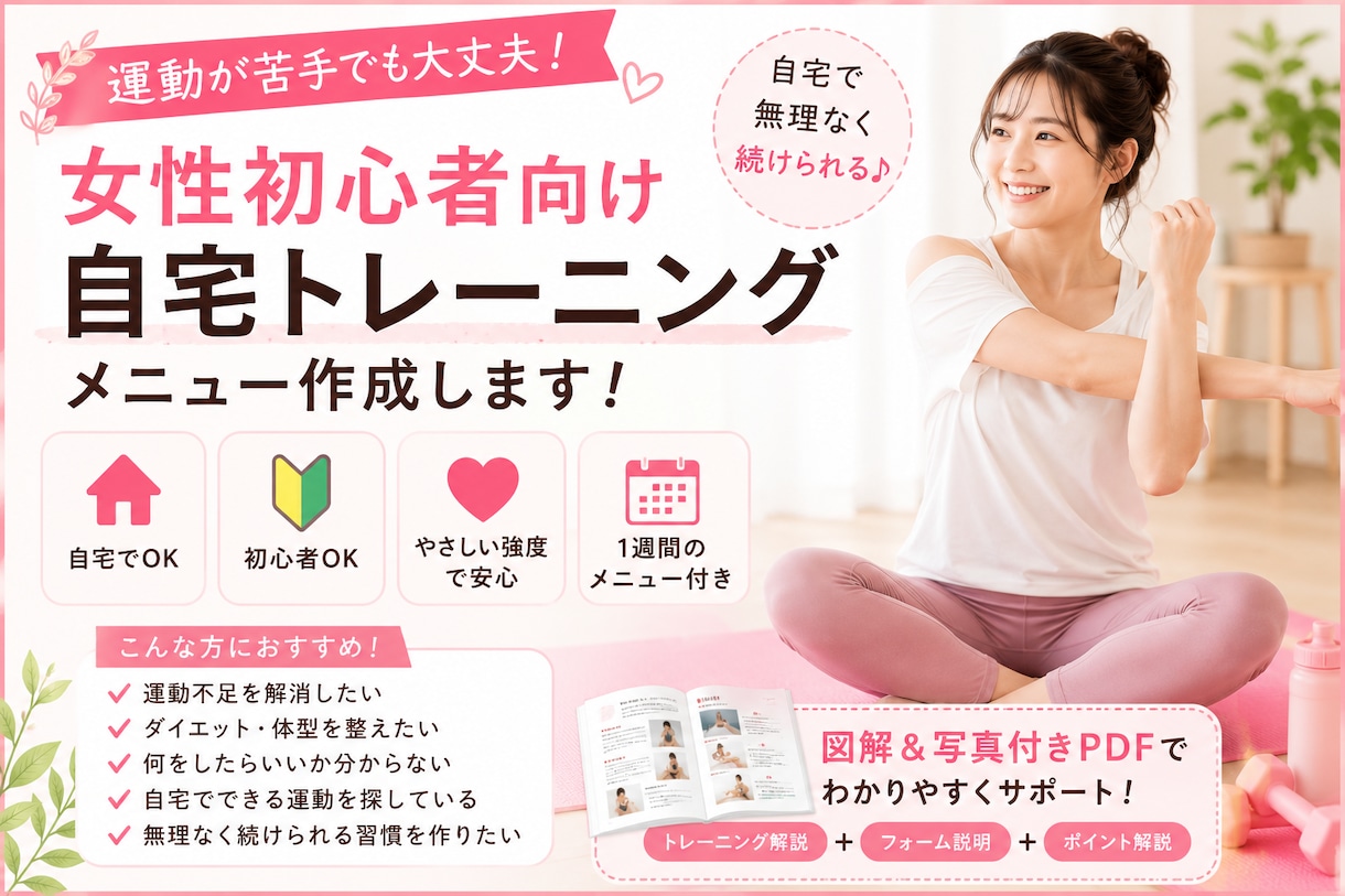 女性初心者向け：自宅筋トレ作成します 無理なくつづけれる優しいメニュー！ イメージ1