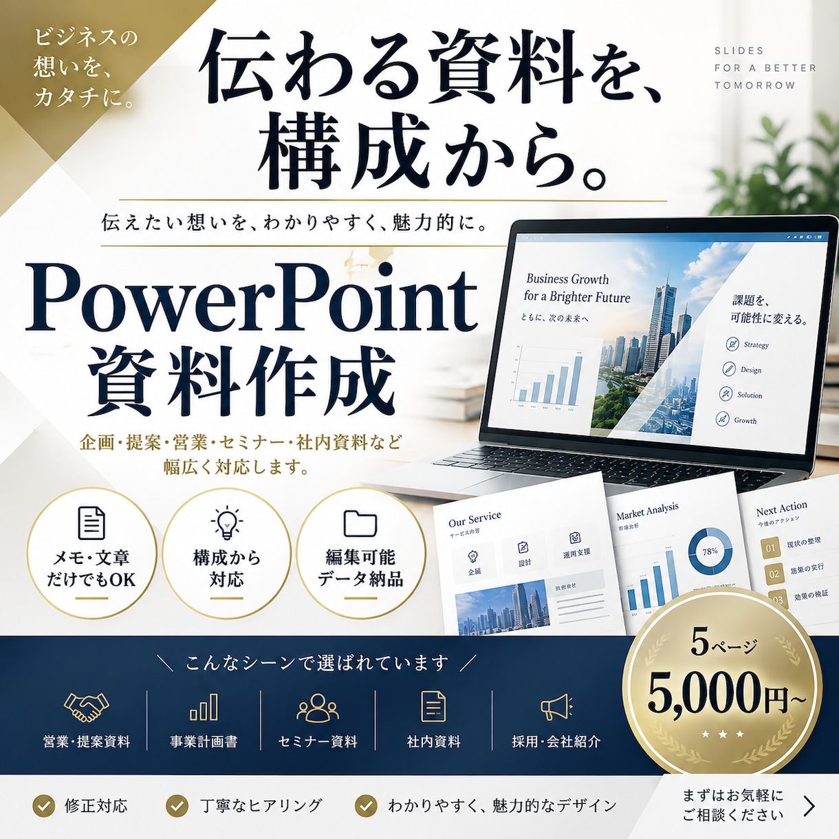 伝わるPowerPoint資料を作成します メモだけでもOK｜構成から見やすく整理 イメージ1