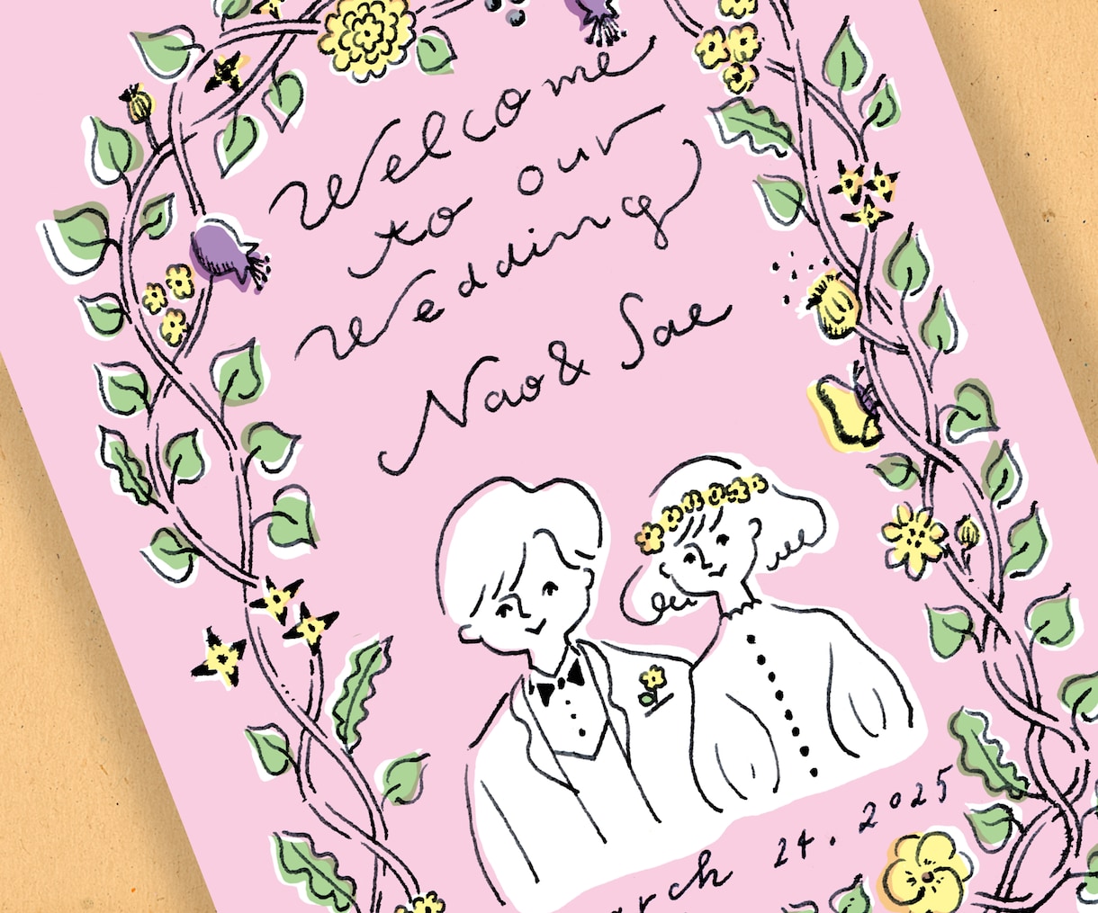 線画で可愛らしいウェルカムボードを作成します ゆるめの似顔絵とお好きな英語のフレーズを組み合わせます イメージ1