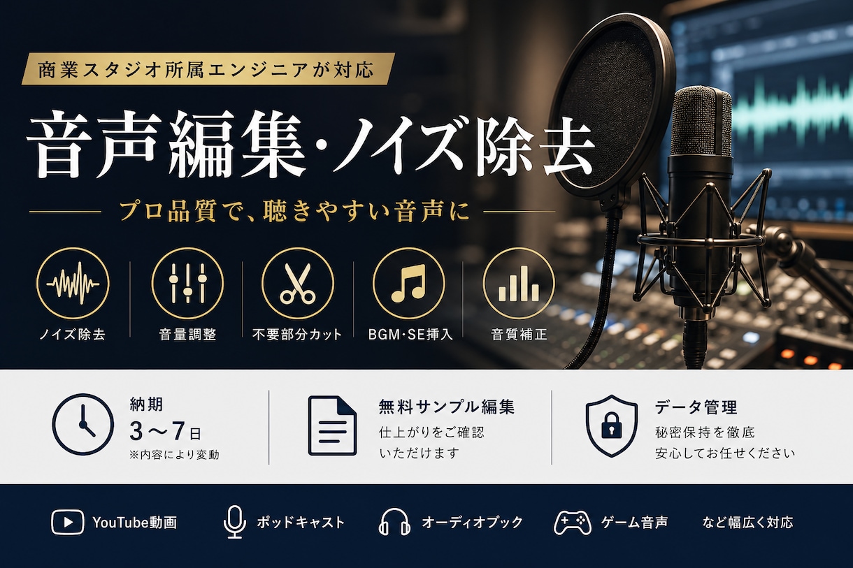 サウンドエンジニアが音声編集・ノイズ除去します プロ品質の整音で、ワンランク上の音声へ イメージ1