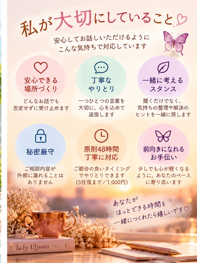 愚痴も悩みも聞いて一緒に解決策を考えます 否定せずにお話を伺い、必要ならアドバイスもします イメージ3