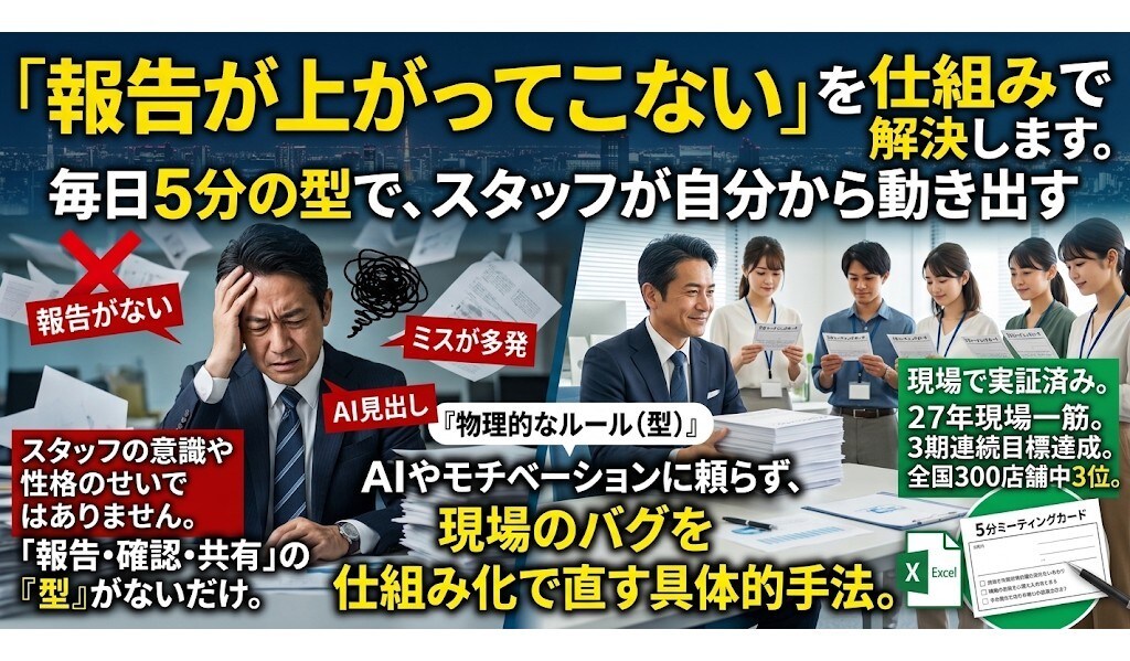 報告が上がってこないを仕組みで解決します 毎日5分の型で、スタッフが自分から動き出す イメージ1