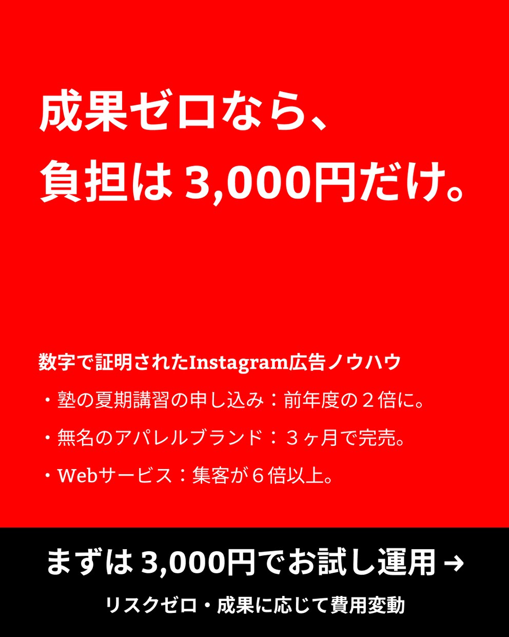 成果報酬でInstagram広告運用します 達成した成果で費用が変わる広告運用 イメージ1