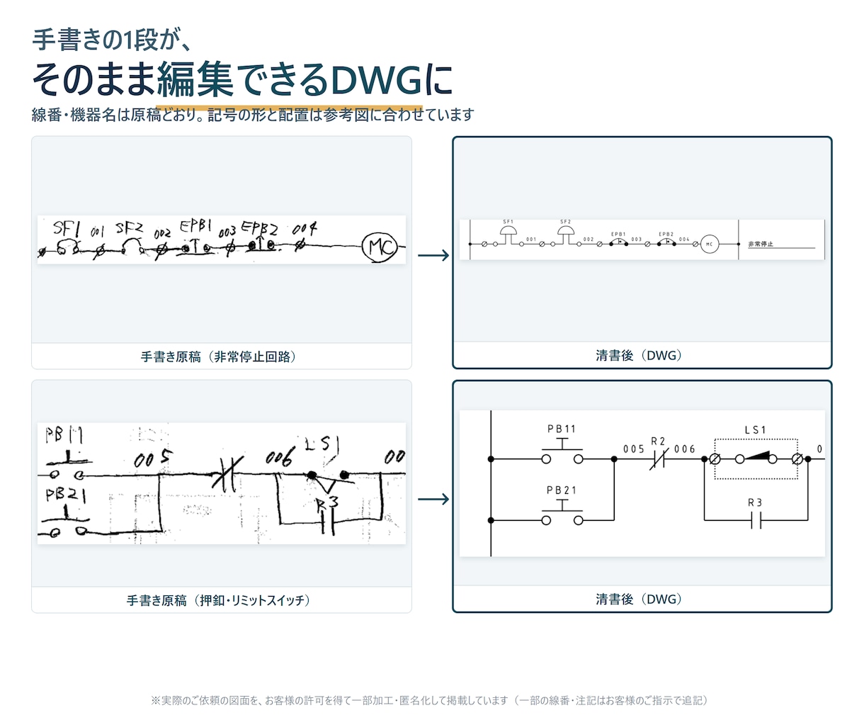制御盤の手書き電気図面をDWGに清書します 参考図の記号に合わせて清書。DWGと確認用PDFを納品 イメージ4
