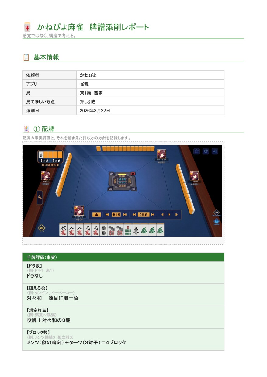 麻雀牌譜添削｜あなたの弱点を言語化します 初心者〜中級者向け【脱・感覚打ち】｜数日以内に納品 イメージ2