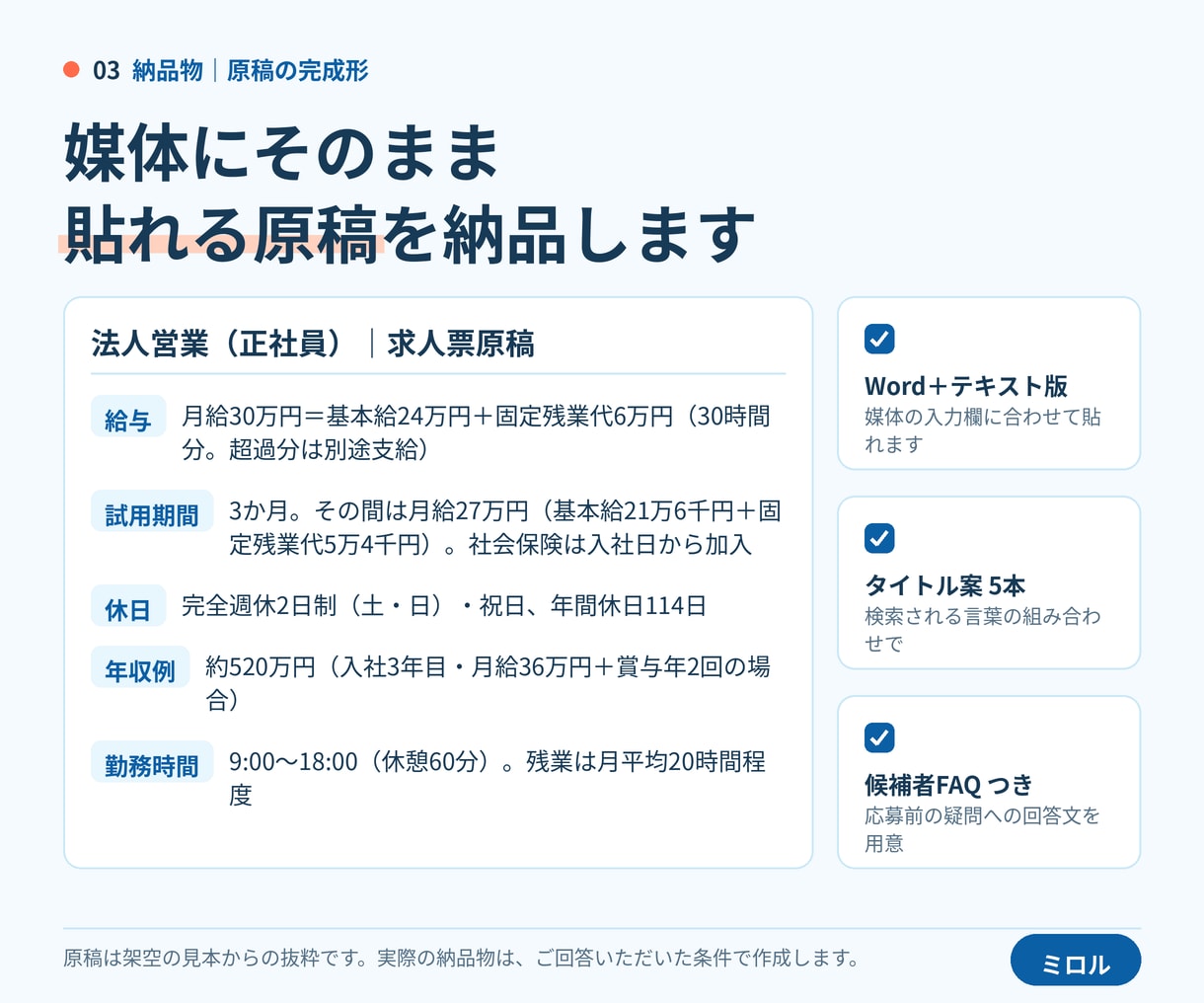 求人票を書き直します｜法令表示チェックつきます 応募が来ない求人票を、文章で書き直して完成形でお渡しします イメージ3