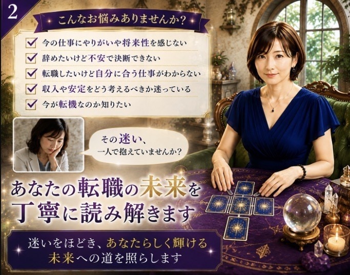 今の仕事辞める？続ける？転職の未来を占います 迷いをほどき、あなたらしく輝ける未来への道を照らします イメージ2