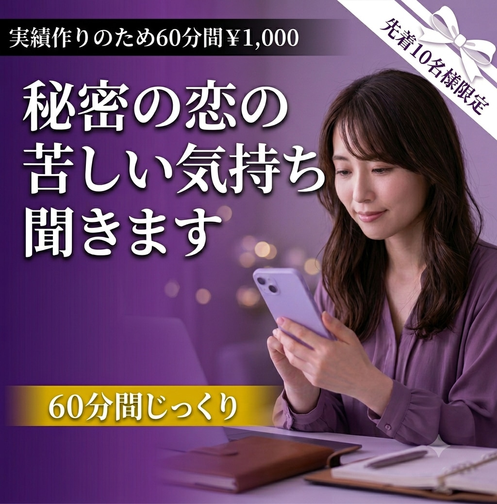 秘密の恋愛の苦しい気持ちに寄り添います 【電話苦手さん】先着10名様！チャットし放題60分1000円 イメージ1