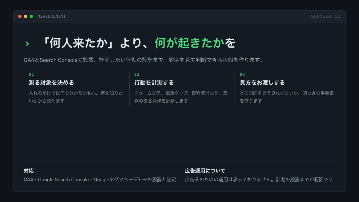 GA4とタグマネージャーを設置します イベント設計から計測の確認まで、動く状態でお渡しします イメージ1