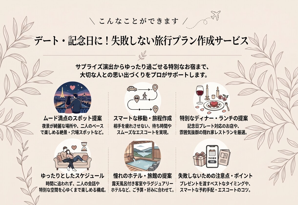 デート・記念日に！失敗しない旅行プランを作成します 特別な日や女子旅に！ホテルやお店選びもプロに丸投げでOK イメージ1