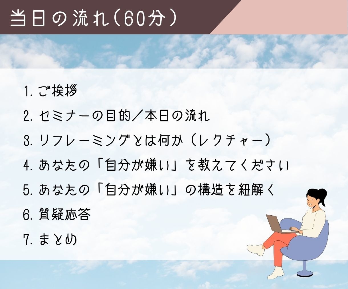 自分が嫌い！なあなたをリフレーミングします 「自分のここが嫌い」を紐解き新しい視点から自分を見直す60分 イメージ2