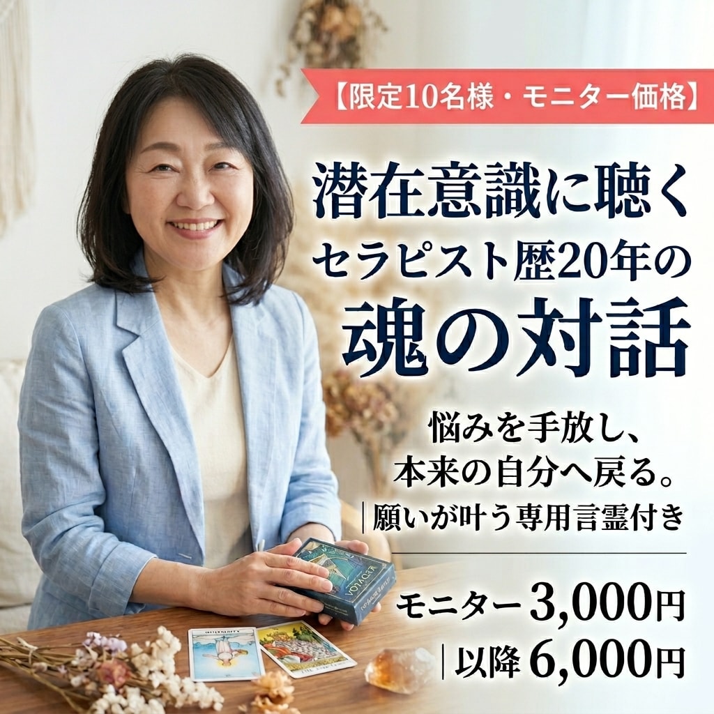 潜在意識に聴くセラピーで悩みを手放しサポートします セラピスト歴20年。魂の対話と専用言霊で、悩みを飛躍の糧へ イメージ1
