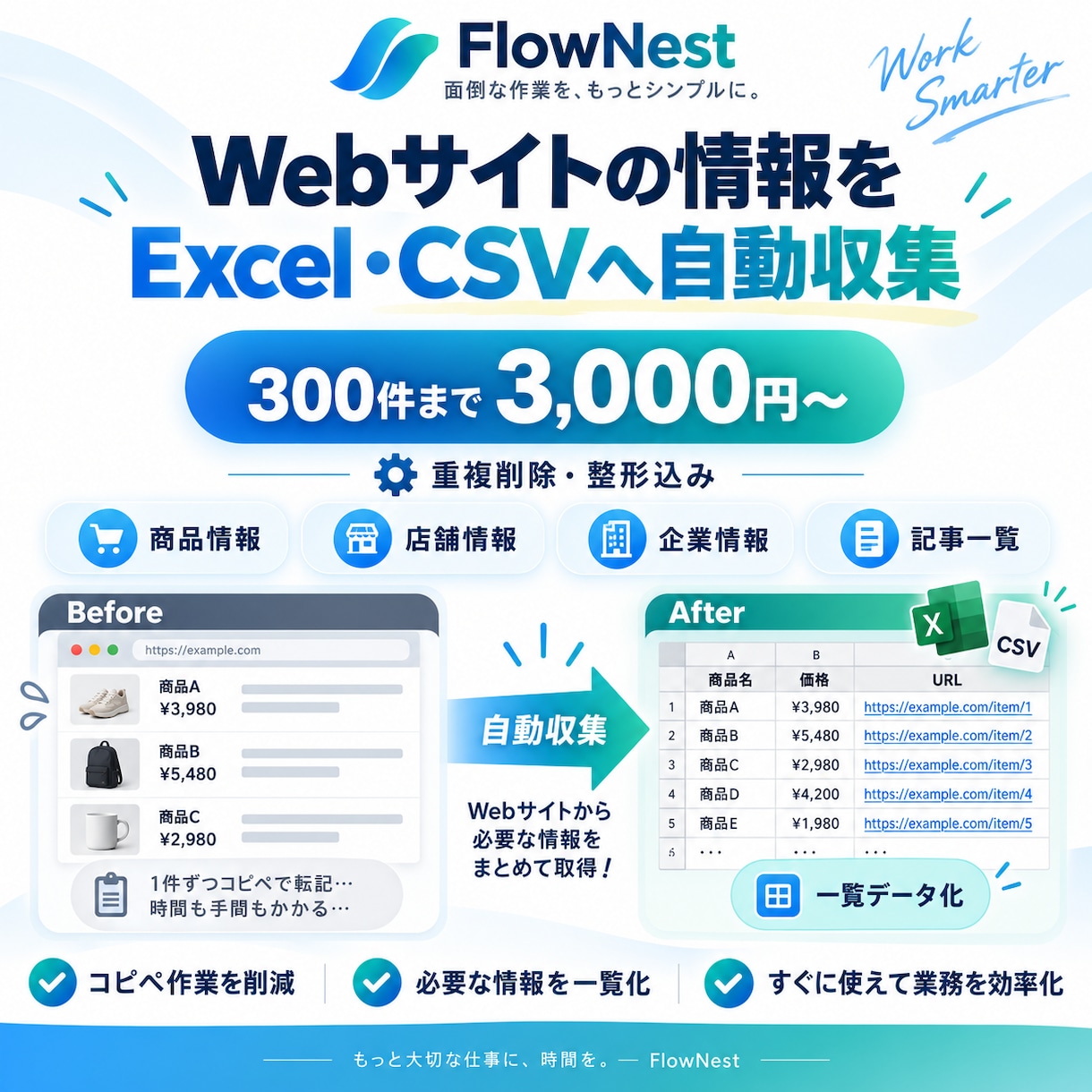 Webサイトの情報をExcel・CSVにまとめます 面倒なコピペ不要｜必要なWeb情報を一覧データ化 イメージ1